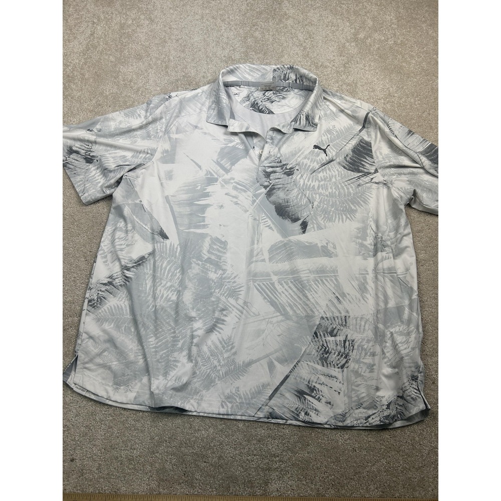 Puma Polo Shirt Mens 2XL Gray Tropical Leaf Indian Rock Golf Club Performance